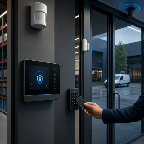 Bir kapıda hareket dedektörü ve RFID geçiş kontrolü içeren alarm paneli — alarm sistemleri ve geçiş sistemleri