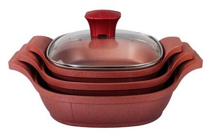 Famos 6 Parça Kendinden Kulplu Cam Kapaklı Döküm Sahan Seti Kırmızı